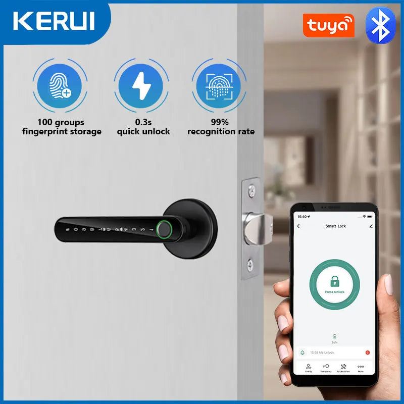 KERUI Tuya Smart Life Fingerprint Door Lock Bluetooth Electronic Door Lock Fingerprint/Password/Tuya APP/Key/Card Unlock