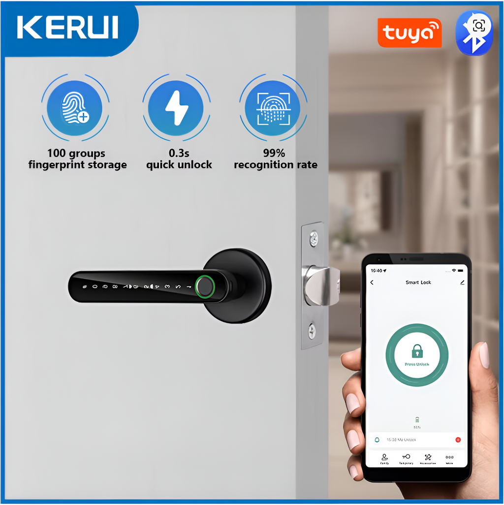 KERUI Tuya Smart Life Fingerprint Door Lock Bluetooth Electronic Door Lock Fingerprint/Password/Tuya APP/Key/Card Unlock