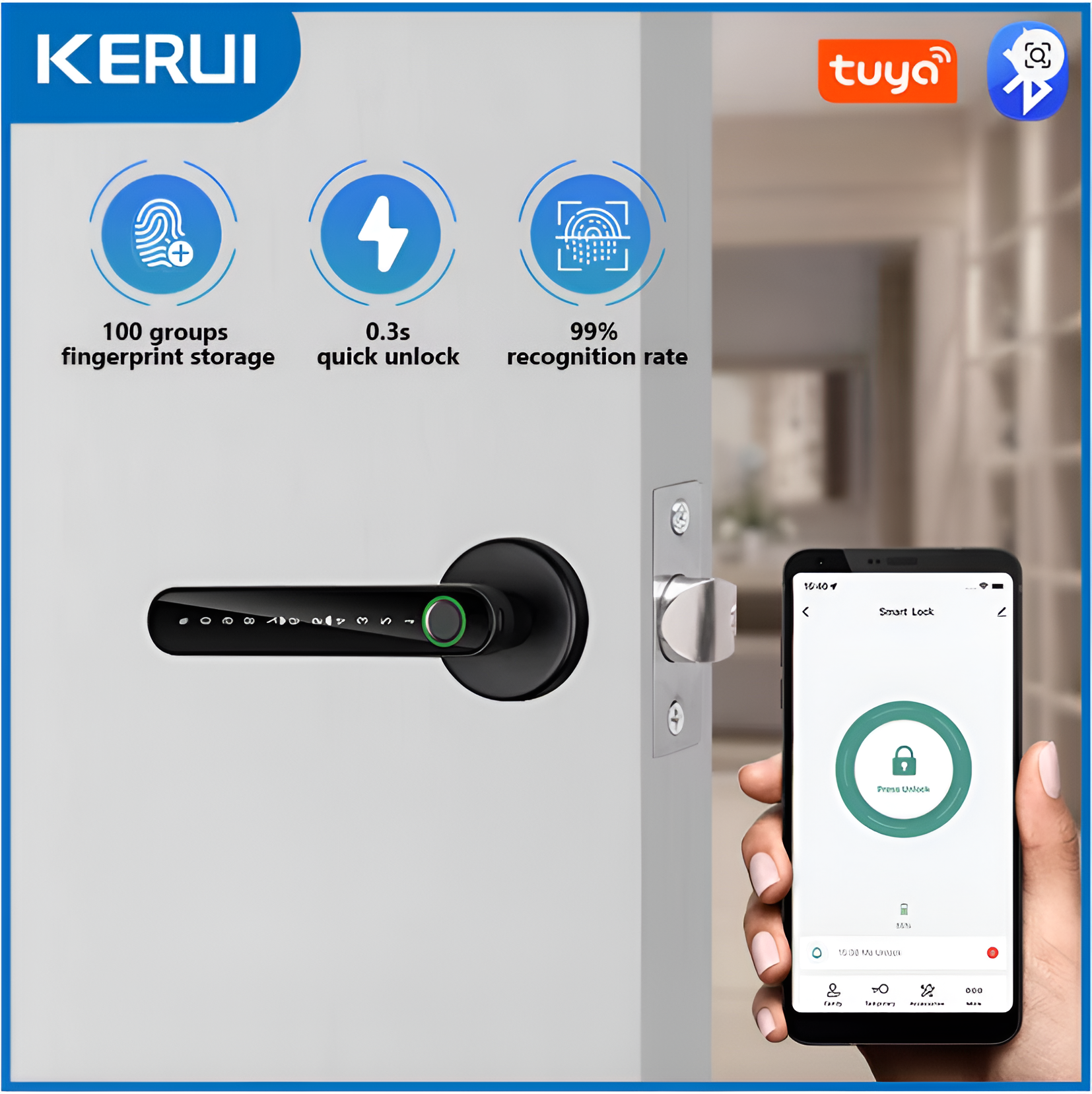 KERUI Tuya Smart Life Fingerprint Door Lock Bluetooth Electronic Door Lock Fingerprint/Password/Tuya APP/Key/Card Unlock